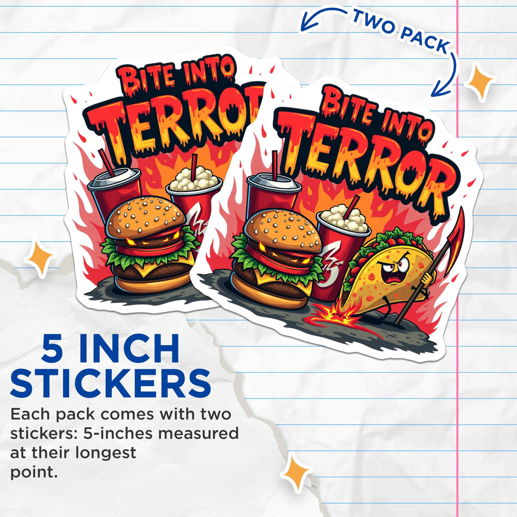 (2 Pack) Bite Into Terror Stickers - Food Horror Stickers - Spooky Fast Food Stickers - 5" On Longest Side - Sticks to Smooth Flat Surfaces - Made in USA - BMCS4781