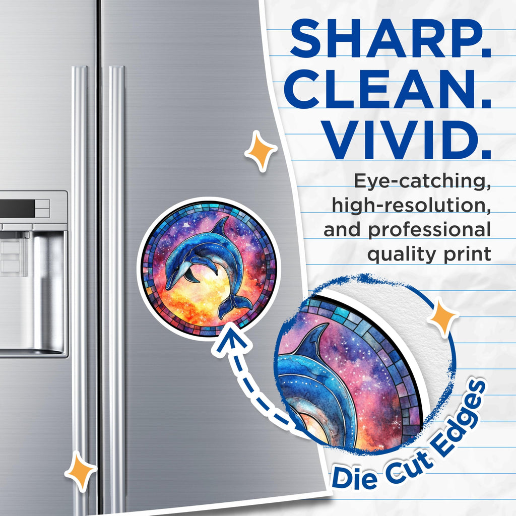 (2 Pack) Dolphin Stained Glass Magnets - Celestial Ocean Art - Watercolor Fridge Decor - 5 Inches On Longest Side - Thick Durable Magnet - Made in USA - MAG25228