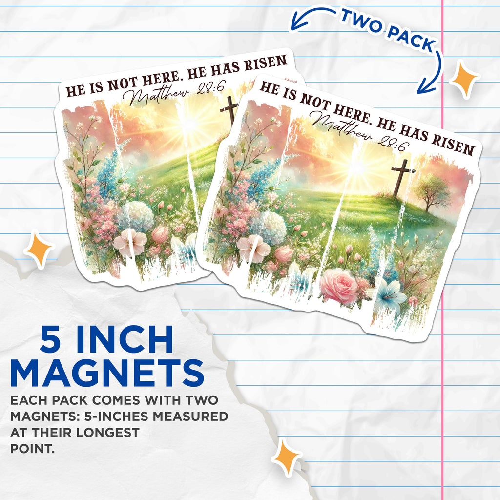 (2 Pack) He Has Risen Magnets - Christian Easter Decor - Matthew 28:6 Scripture - Floral Cross Spring Faith Based Fridge Sticker - 5" - Durable Magnet - Made in USA - MAG38613