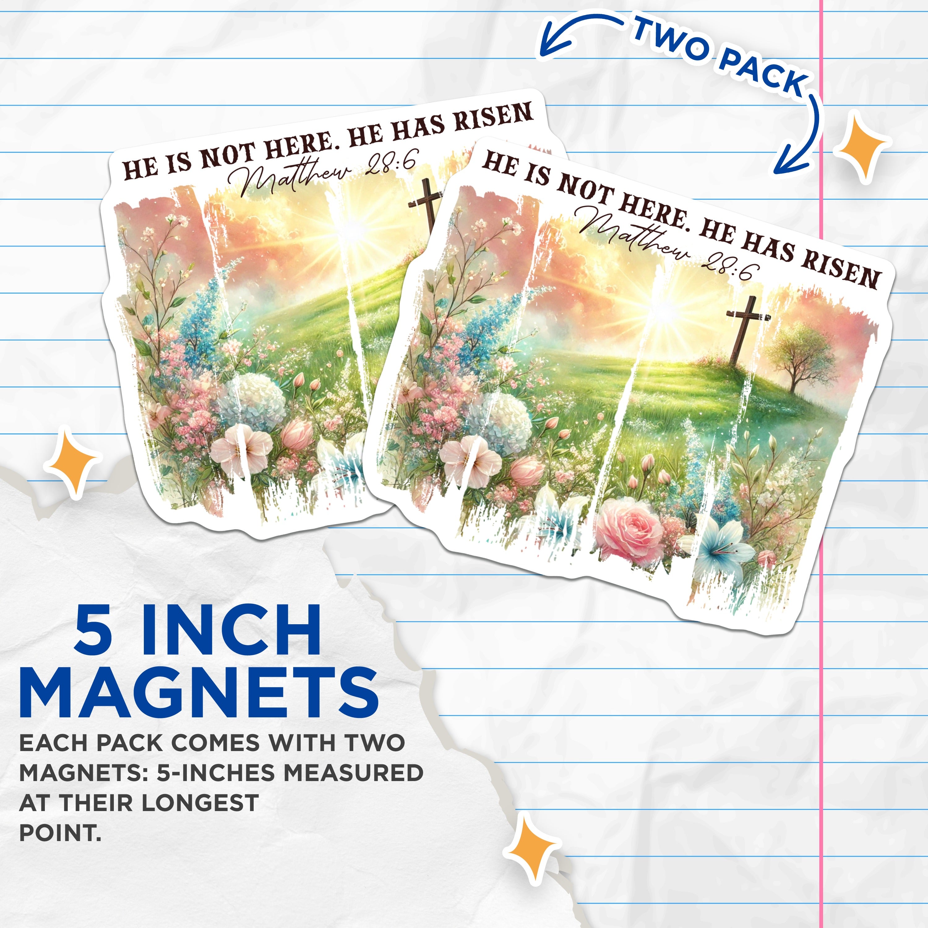 (2 Pack) He Has Risen Magnets - Christian Easter Decor - Matthew 28:6 Scripture - Floral Cross Spring Faith Based Fridge Sticker - 5" - Durable Magnet - Made in USA - MAG38613