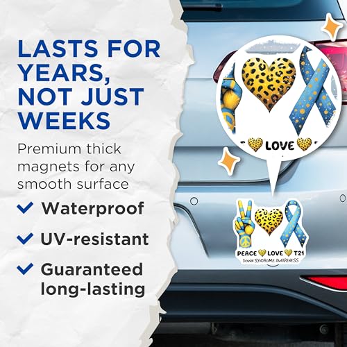 (2 Pack) Down Syndrome Awareness Magnets - Peace Love T21 Decor - Heart Ribbon Sticker - Support Symbol - 5" On Longest Side - for Cars, Fridges, Toolboxes - Made in USA - MAG8206