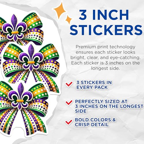 (3 Pack) Mardi Gras Decals - Fleur de Lis - Celebration Decals - 3 Inches On Longest Side - Easy Peel & Apply - Made in USA - 3MCS7818