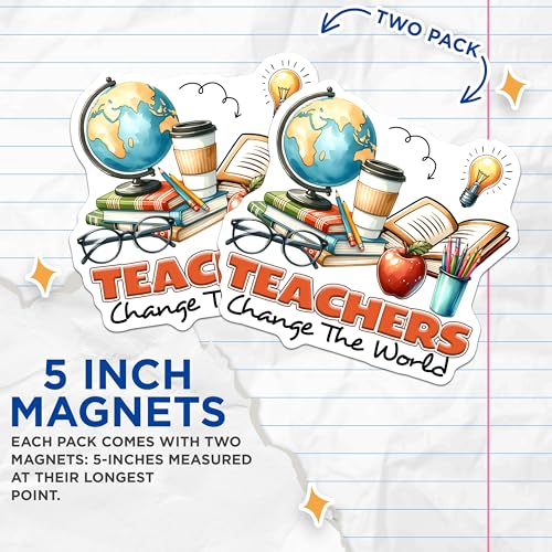 (2 Pack) Teachers Change The World Magnets - Teacher Appreciation - Classroom Decor - 5" On Longest Side - for Cars, Fridges, Toolboxes - Made in USA - MAG8038