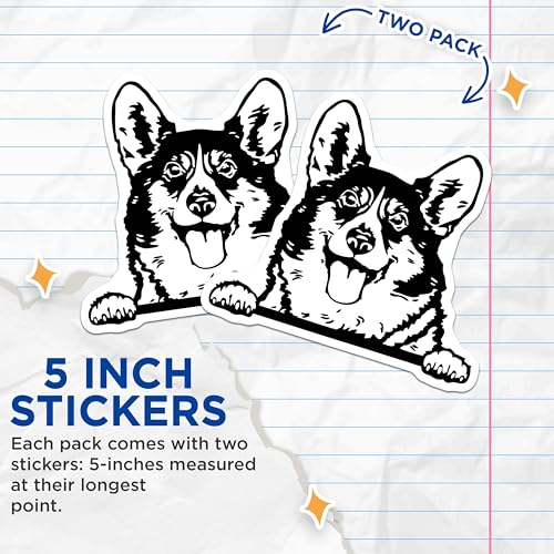 (2 Pack) Corgi Dog Face Stickers - Cute Pet Dog Stickers - Funny Animal Decals - 5" On Longest Side - Sticks to Smooth Flat Surfaces - Made in USA - BMCS4044