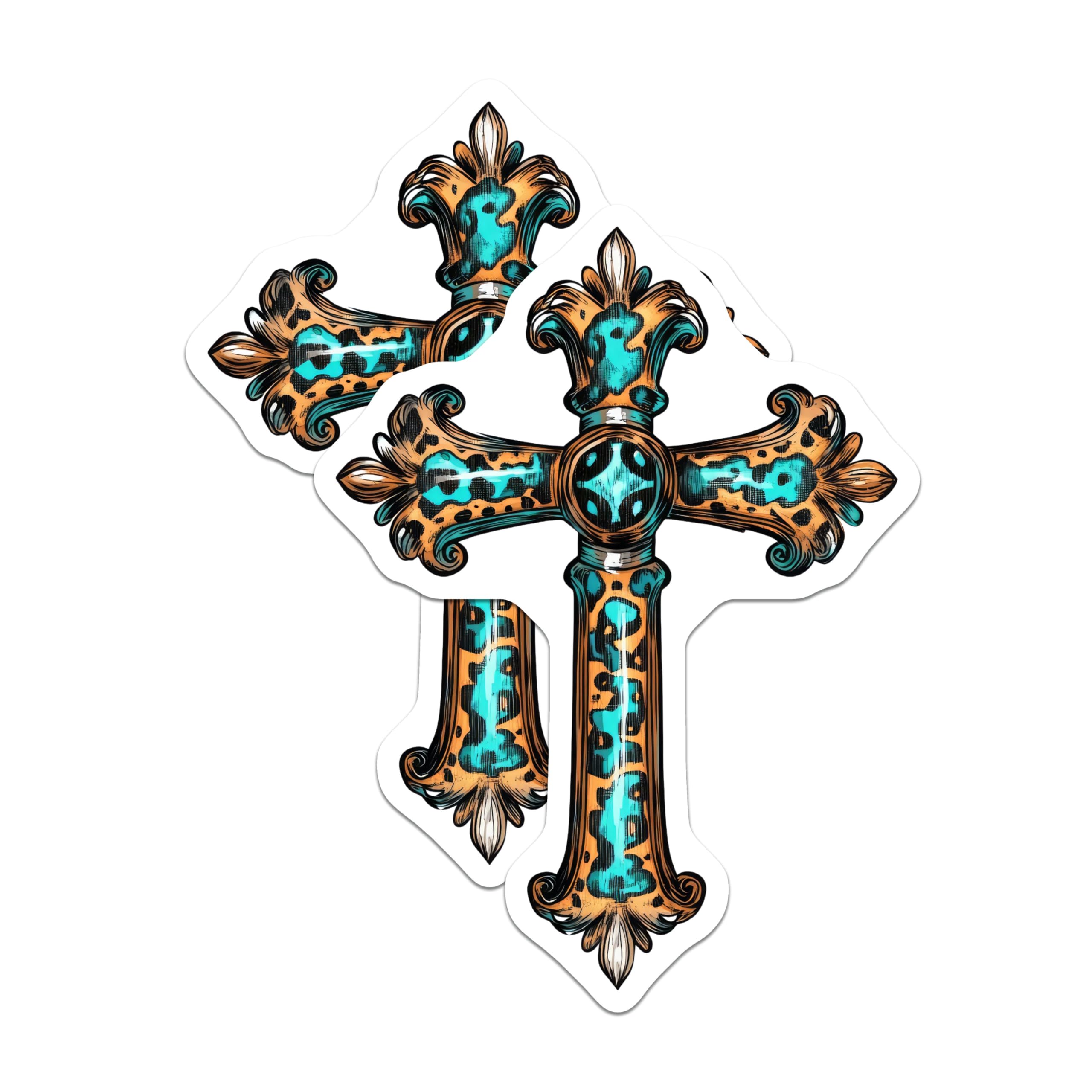 (2 Pack) Leopard Print Cross Stickers - Christian Sticker - Animal Print Faith Decal - 5" On Longest Side - Sticks to Smooth Flat Surfaces - Made in USA - BMCS8728