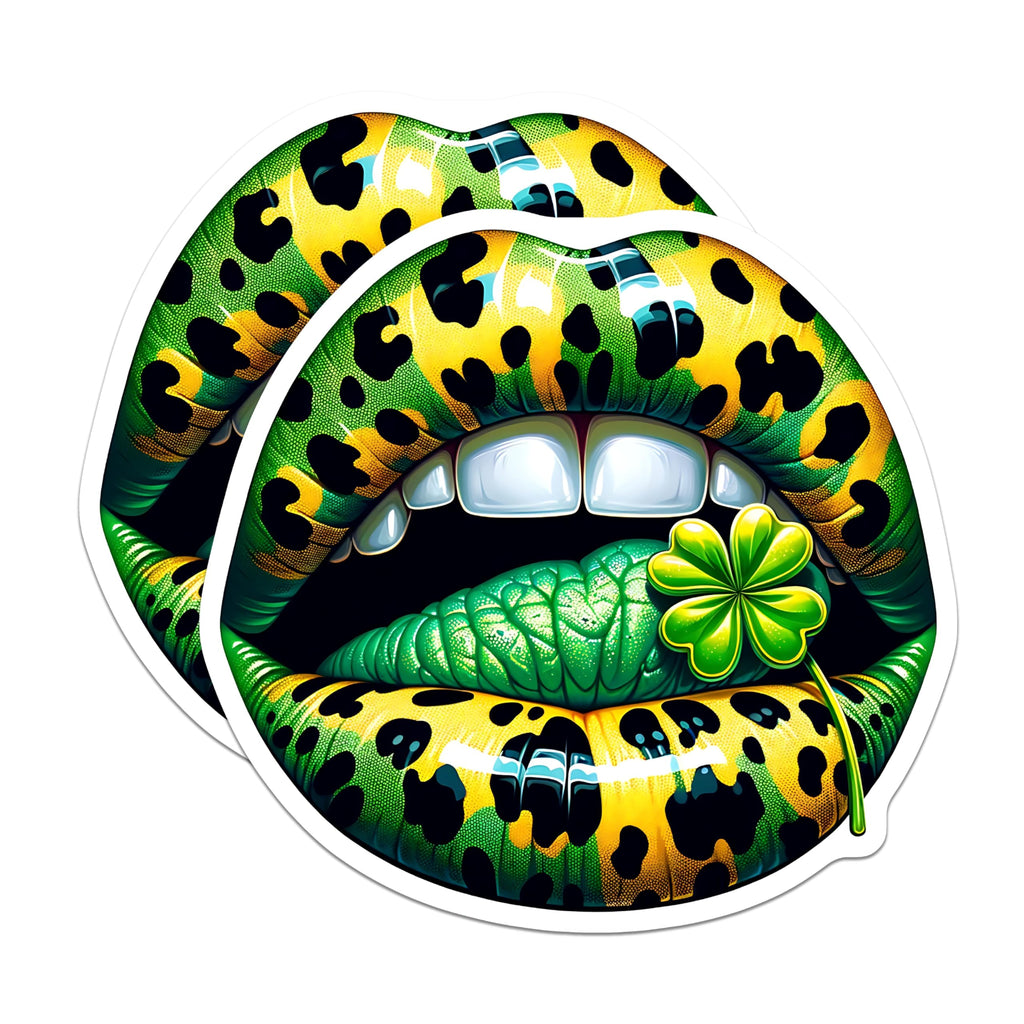 (2 Pack) St Patricks Day Lips Magnets - Leopard Print Mouth - Four Leaf Clover Decor - 5" On Longest Side - Premium Magnet - for Cars, Refrigerators, Toolboxes, Lockers - Made in USA - MAG17131