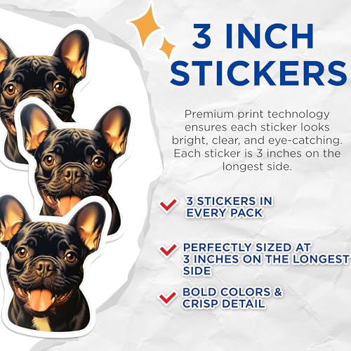 (3 Pack) French Bulldog Decals - Cute Puppy Stickers - Dog Lover Decal - 3 Inches On Longest Side - Easy Peel & Apply - Made in USA - 3MCS2723