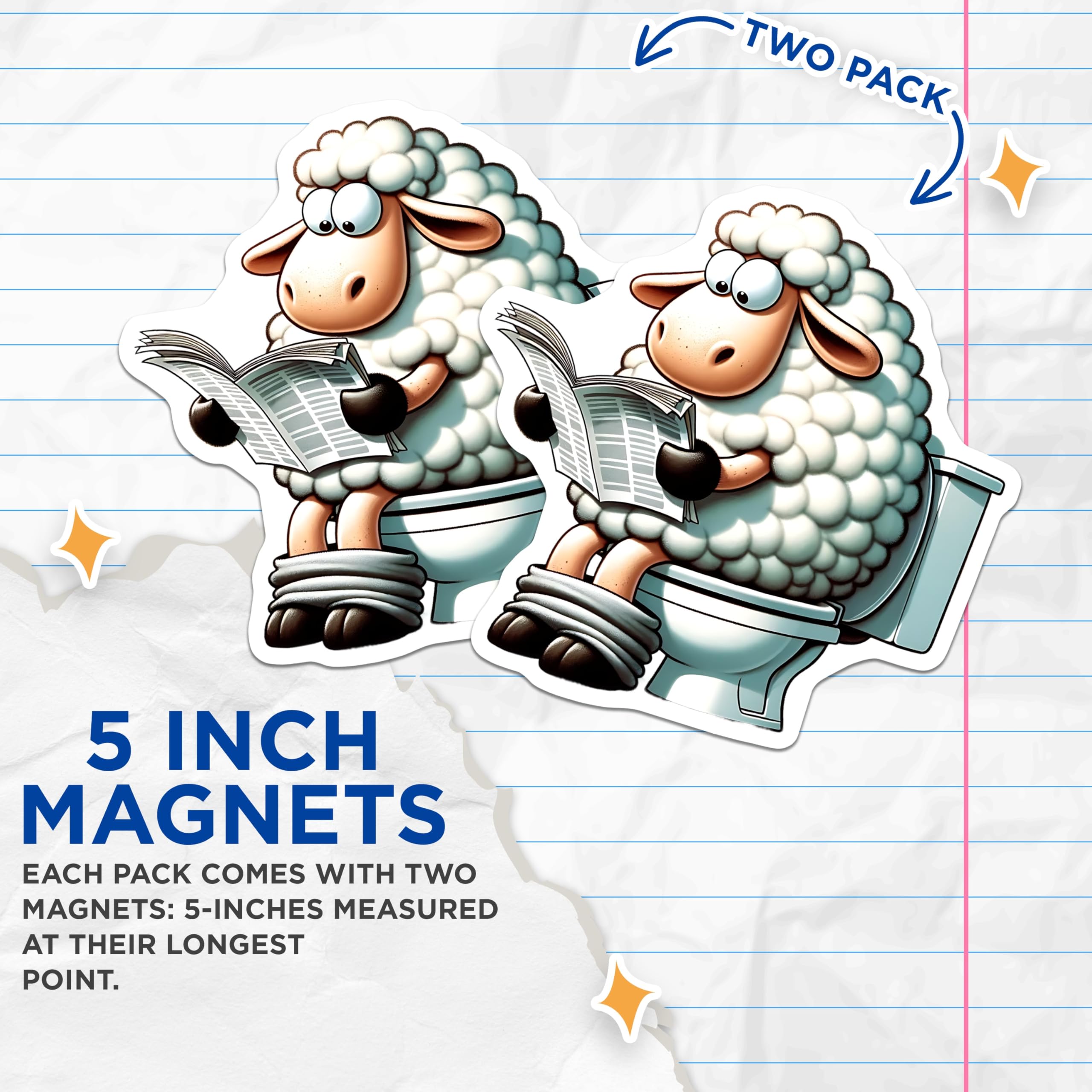 (2 Pack) Sheep on Toilet Magnets - Reading Newspaper Magnets - Funny Bathroom Decor Magnets - 5" On Longest Side - Premium Magnet - for Cars, Refrigerators, Toolboxes, Lockers - Made in USA - MAG14383
