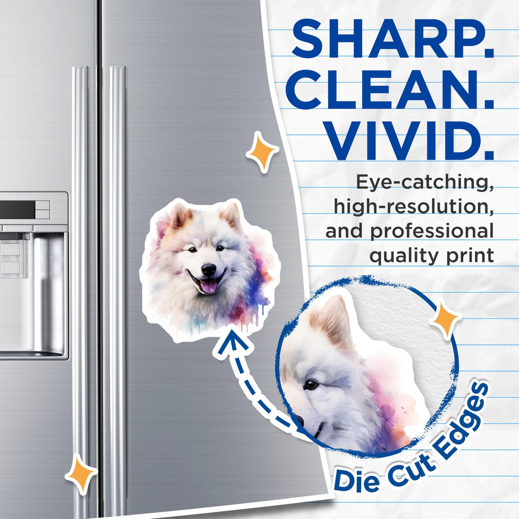(2 Pack) Samoyed Dog Watercolor Magnets - Happy Pet Artwork - Dog Lover Accessory for Fridge - 5 Inches On Longest Side - Thick Durable Magnet - Made in USA - MAG29249
