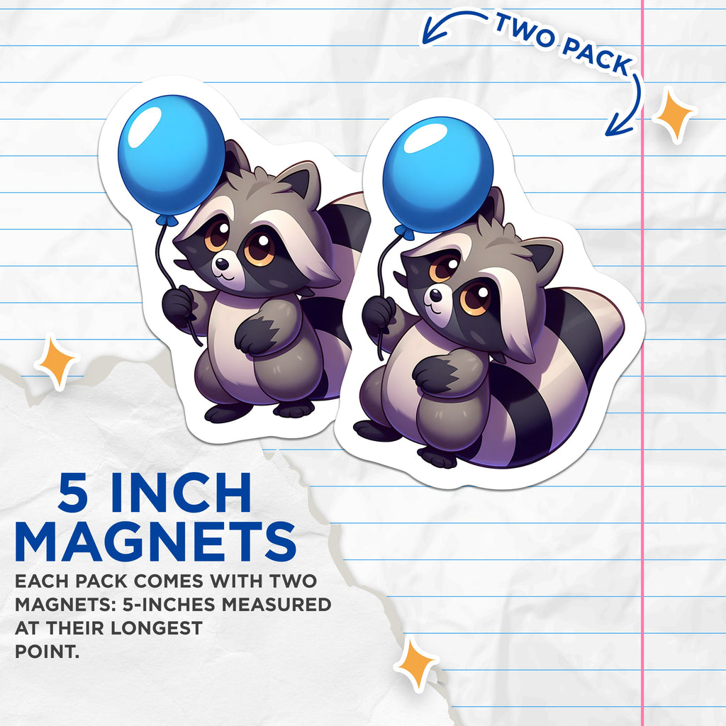 (2 Pack) Cute Raccoon Magnets - Kawaii Animal Decor - Happy Woodland Creature Art for Refrigerator - 5 Inches On Longest Side - Thick Durable Magnet - Made in USA - MAG38114