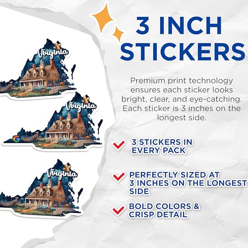 (3 Pack) Virginia State Decals - Travel Souvenir Decals - Laptop Car Decals - 3 Inches On Longest Side - Easy Peel & Apply - Made in USA - 3MCS0166