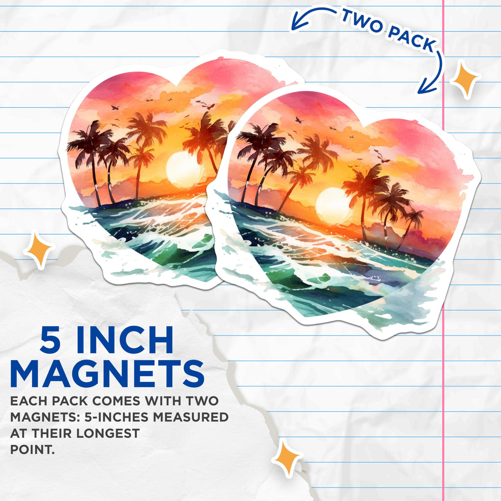 (2 Pack) Tropical Sunset Magnets - Heart Shaped Beach Art - Palm Tree Ocean Decor - 5 Inches On Longest Side - Thick Durable Magnet - Made in USA - MAG19983
