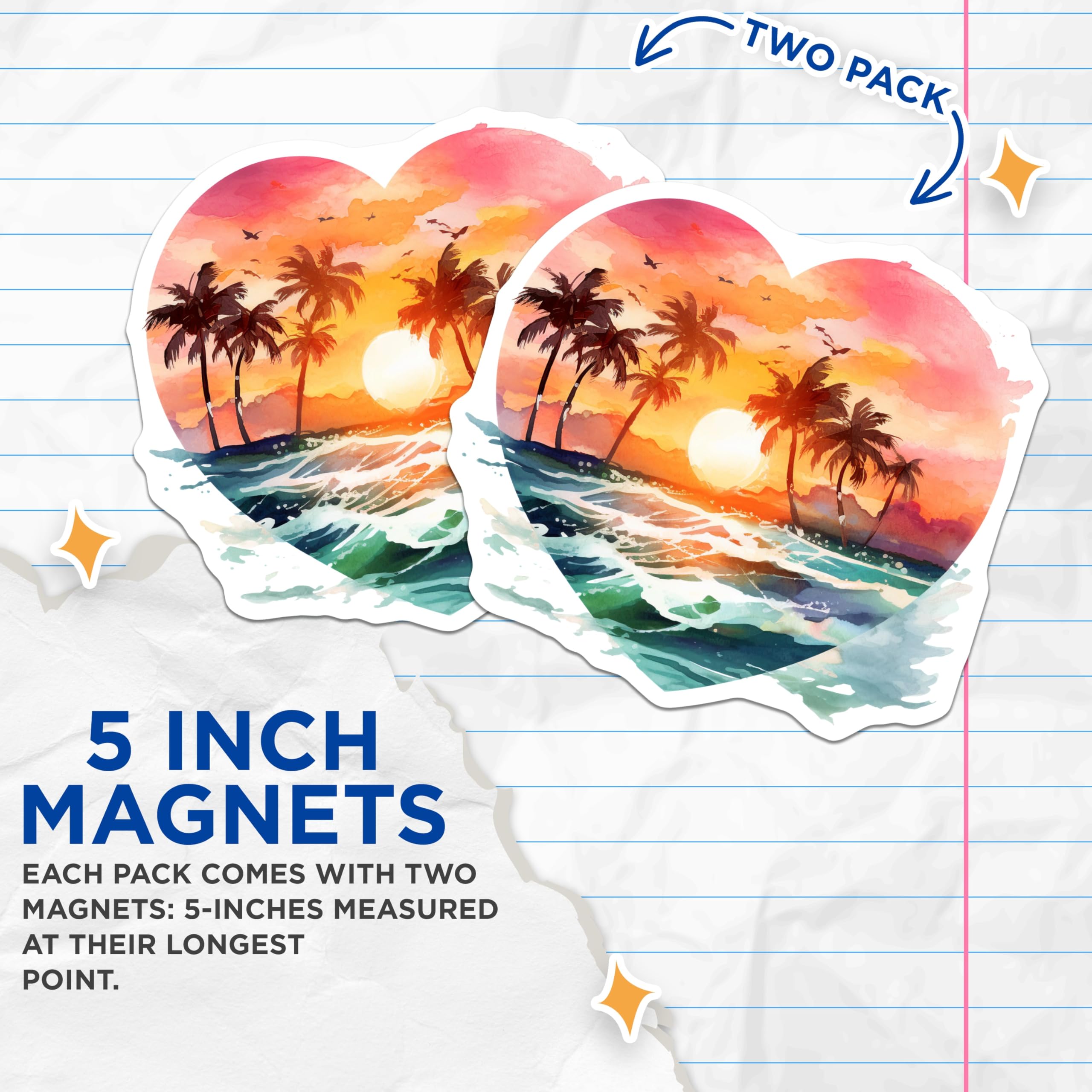 (2 Pack) Tropical Sunset Magnets - Heart Shaped Beach Art - Palm Tree Ocean Decor - 5 Inches On Longest Side - Thick Durable Magnet - Made in USA - MAG19983