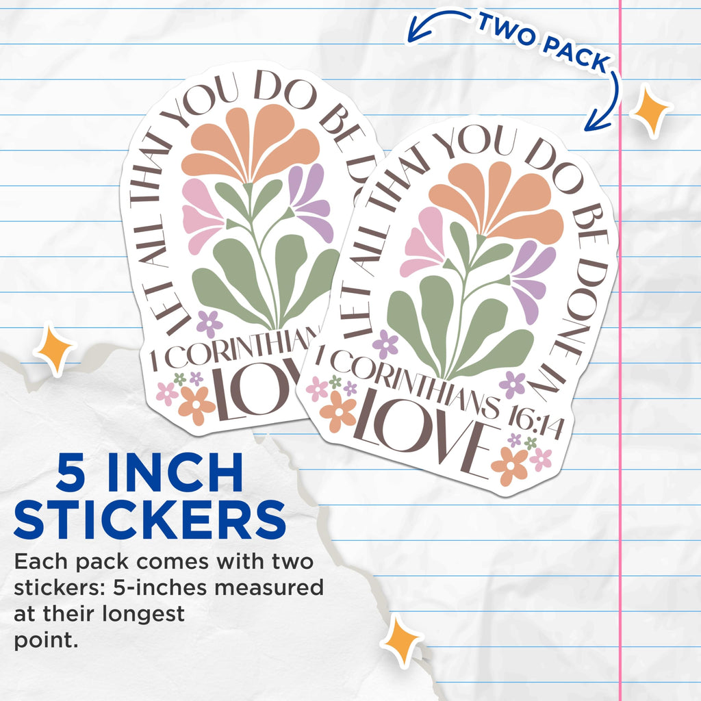 (2 Pack) Corinthians Stickers - Love Scripture Verse - Floral Christian Decals- 5" On Longest Side - Sticks to Smooth Flat Surfaces - Made in USA - BMCS16627
