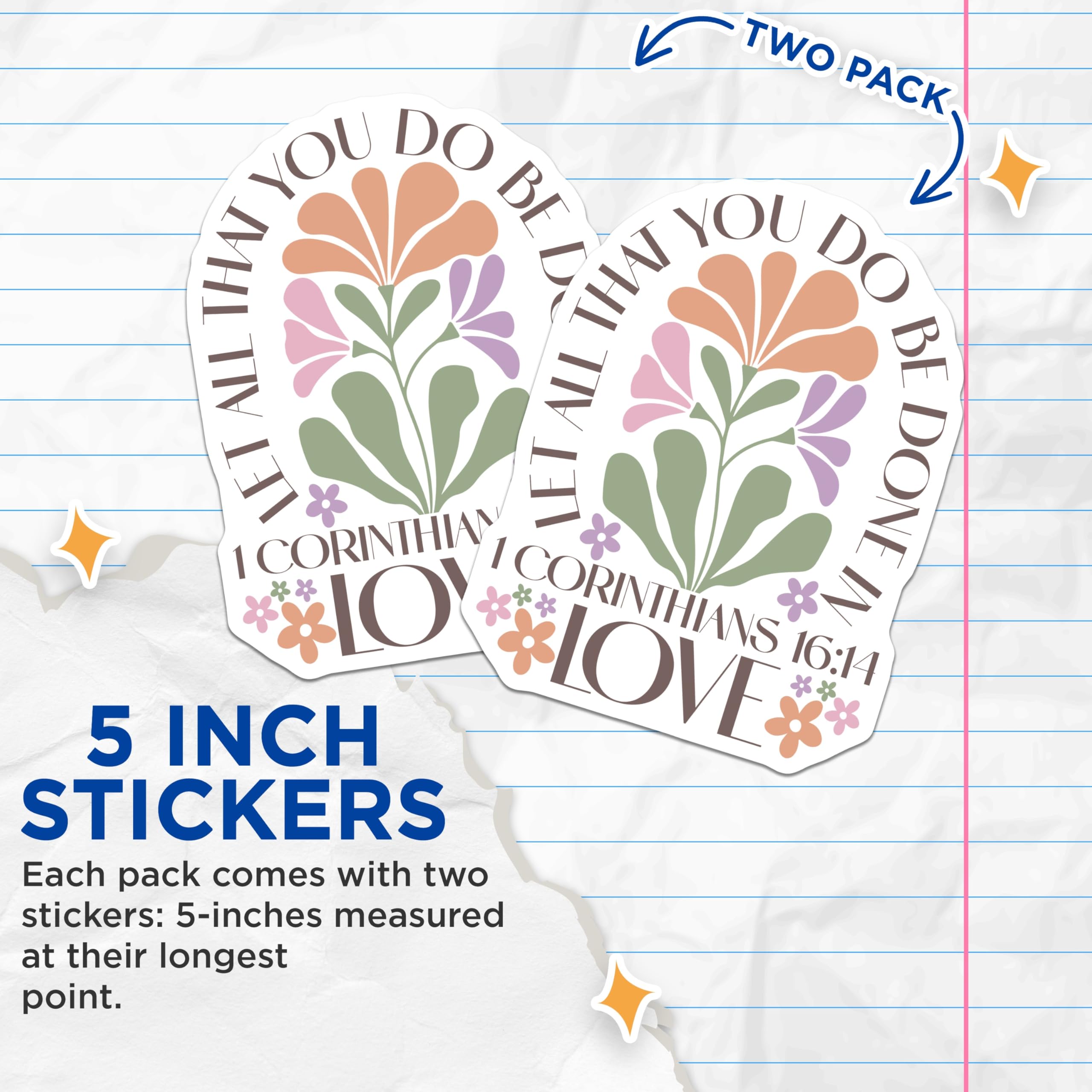 (2 Pack) Corinthians Stickers - Love Scripture Verse - Floral Christian Decals- 5" On Longest Side - Sticks to Smooth Flat Surfaces - Made in USA - BMCS16627