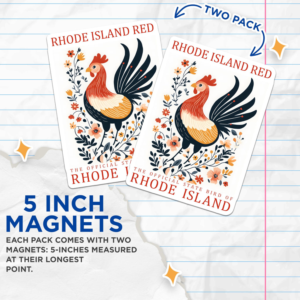 (2 Pack) Rhode Island Red Magnets - State Bird Magnets - Chicken and Floral Design - 5" On Longest Side - Premium Magnet - for Cars, Refrigerators, Toolboxes, Lockers - Made in USA - MAG17542