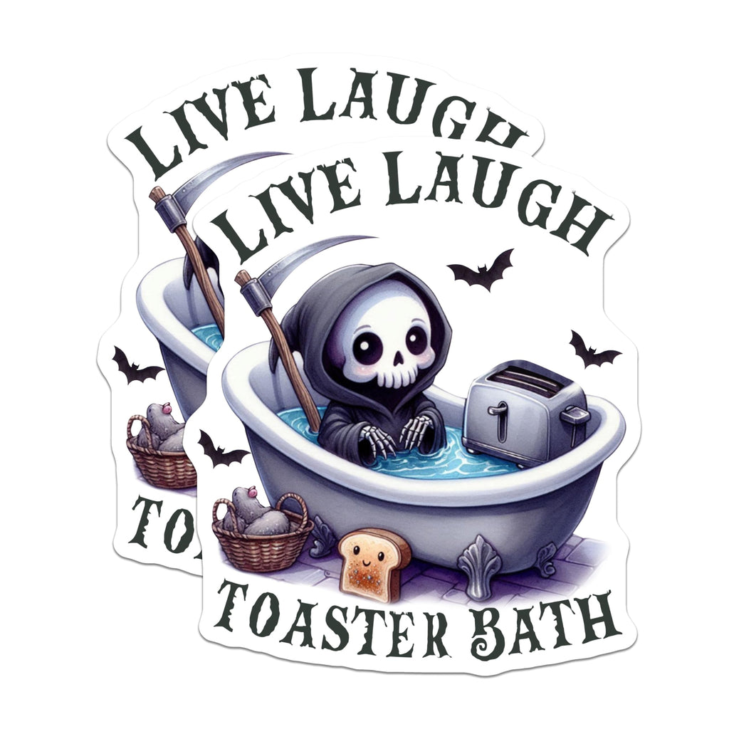 (2 Pack) Live Laugh Toaster Bath Stickers - Cute Grim Reaper Bathtub - Funny Kitchen Decor - Kawaii Skeleton Bat - 5" On Longest Side - Sticks to Smooth Flat Surfaces - Made in USA - BMCS6854