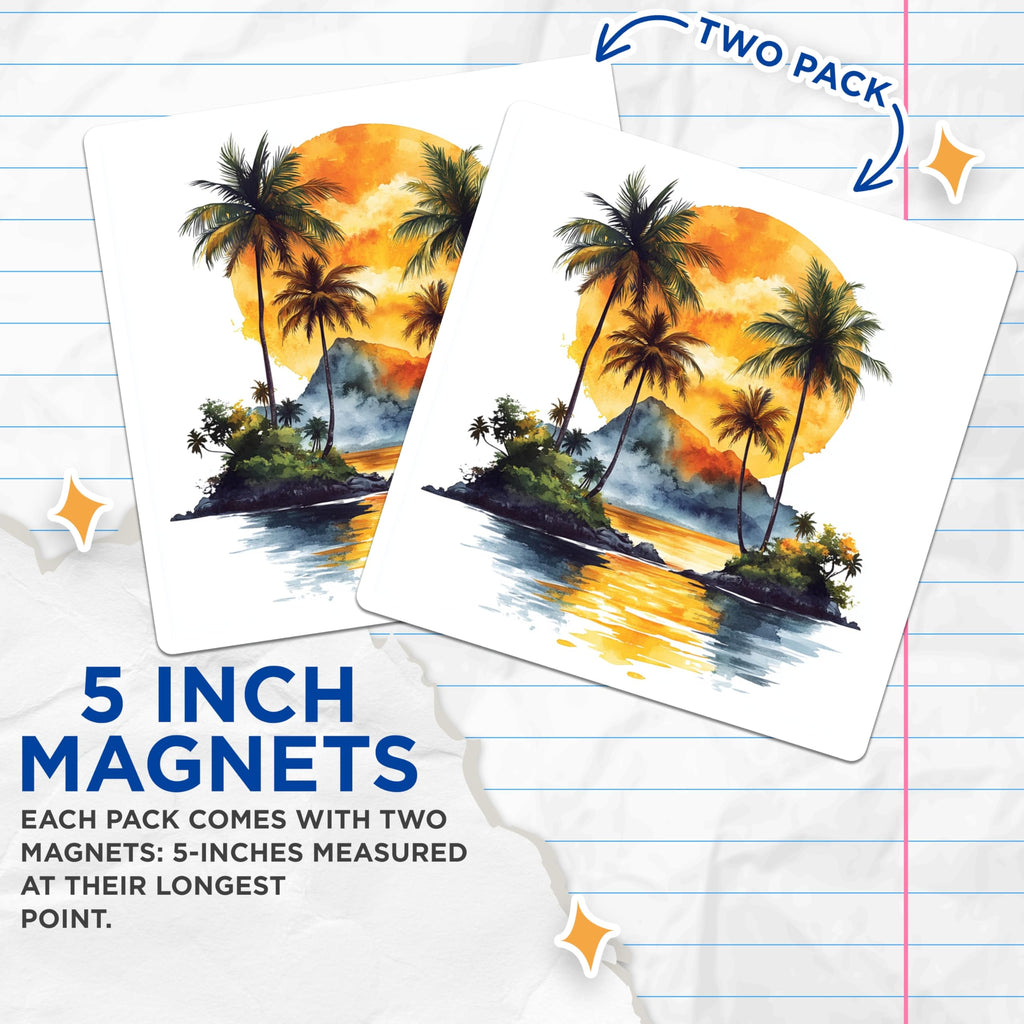 (2 Pack) Tropical Island Sunset Magnets - Watercolor Palm Tree Art - Beach Ocean Aesthetic Decor - 5 Inches On Longest Side - Thick Durable Magnet - Made in USA - MAG30071