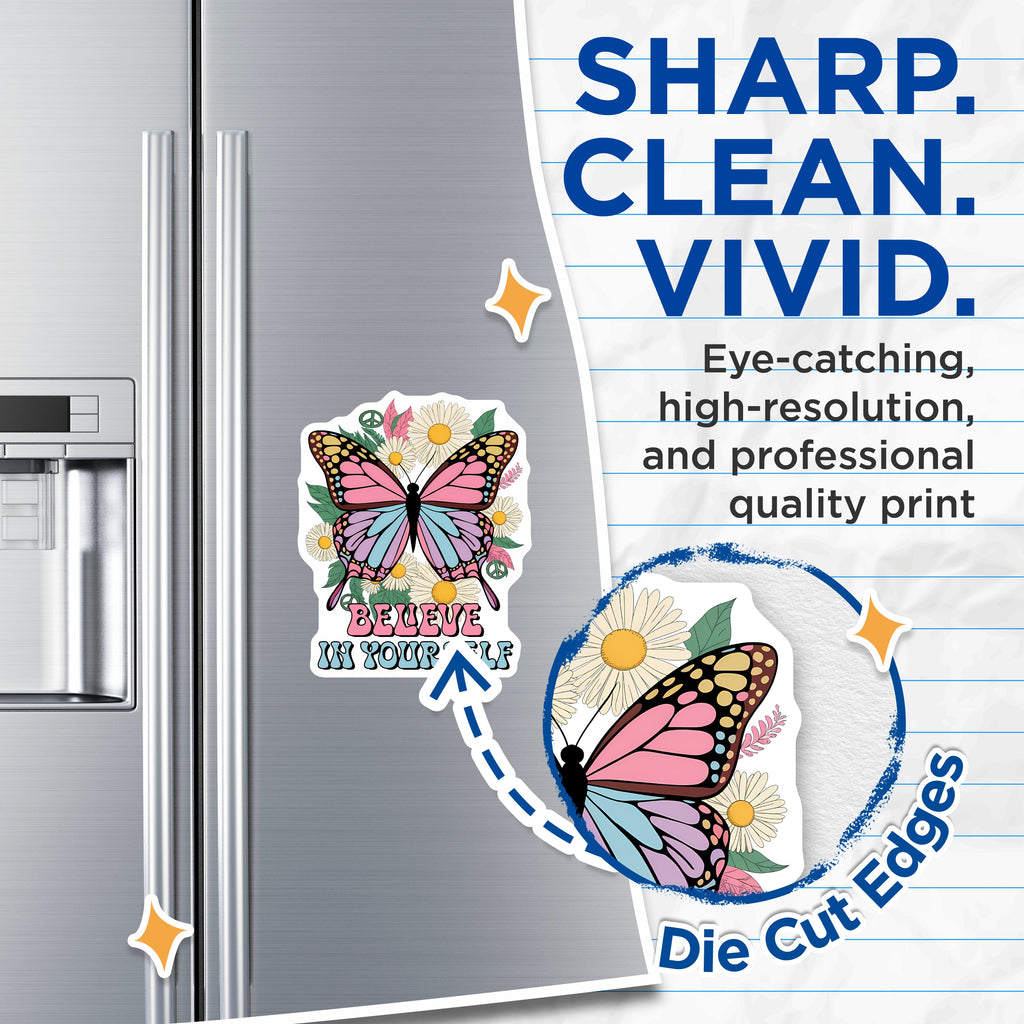 (2 Pack) Believe in Yourself Magnets - Retro Butterfly Daisy Decor - Inspirational Quote Fridge Accessory - 5 Inches On Longest Side - Thick Durable Magnet - Made in USA - MAG39757