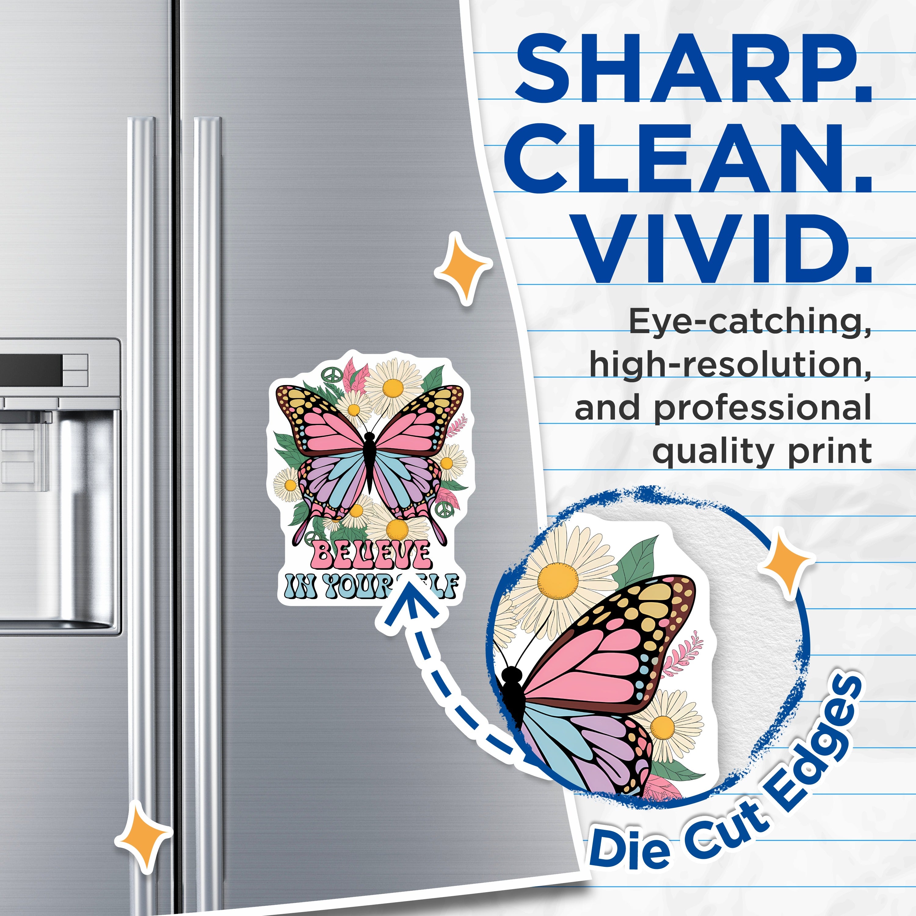 (2 Pack) Believe in Yourself Magnets - Retro Butterfly Daisy Decor - Inspirational Quote Fridge Accessory - 5 Inches On Longest Side - Thick Durable Magnet - Made in USA - MAG39757