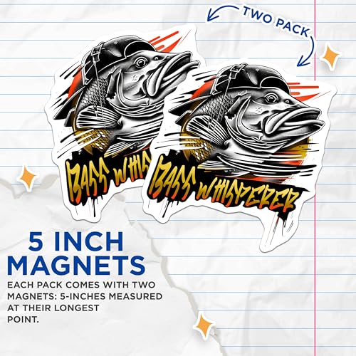 (2 Pack) Bass Whisperer Magnets - Funny Fishing Magnets - Angler's Decor Magnets - Cool Fish Design Magnets - 5" On Longest Side - for Cars, Refrigerators, Toolboxes, Lockers - Made in USA BMCS3358