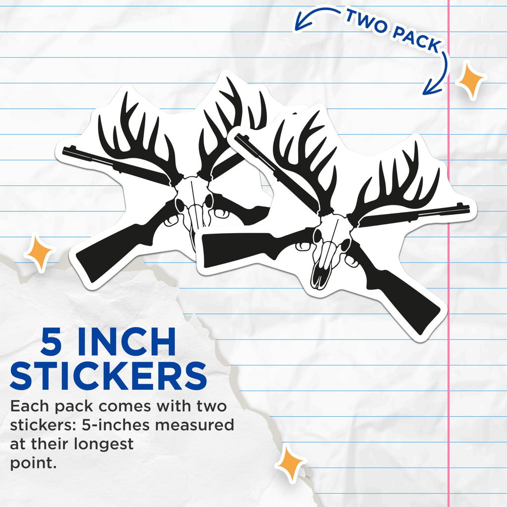 (2 Pack) Hunting Decal Stickers - Deer Skull Antlers - Hunter Rifle Graphic - 5" On Longest Side - Sticks to Smooth Flat Surfaces - Made in USA - BMCS20688