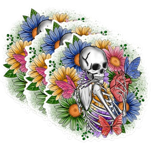(3 Pack) Skeleton Heart Decals - Floral Decal - Butterfly Decals - 3 Inches On Longest Side - Easy Peel & Apply - Made in USA - 3MCS1835