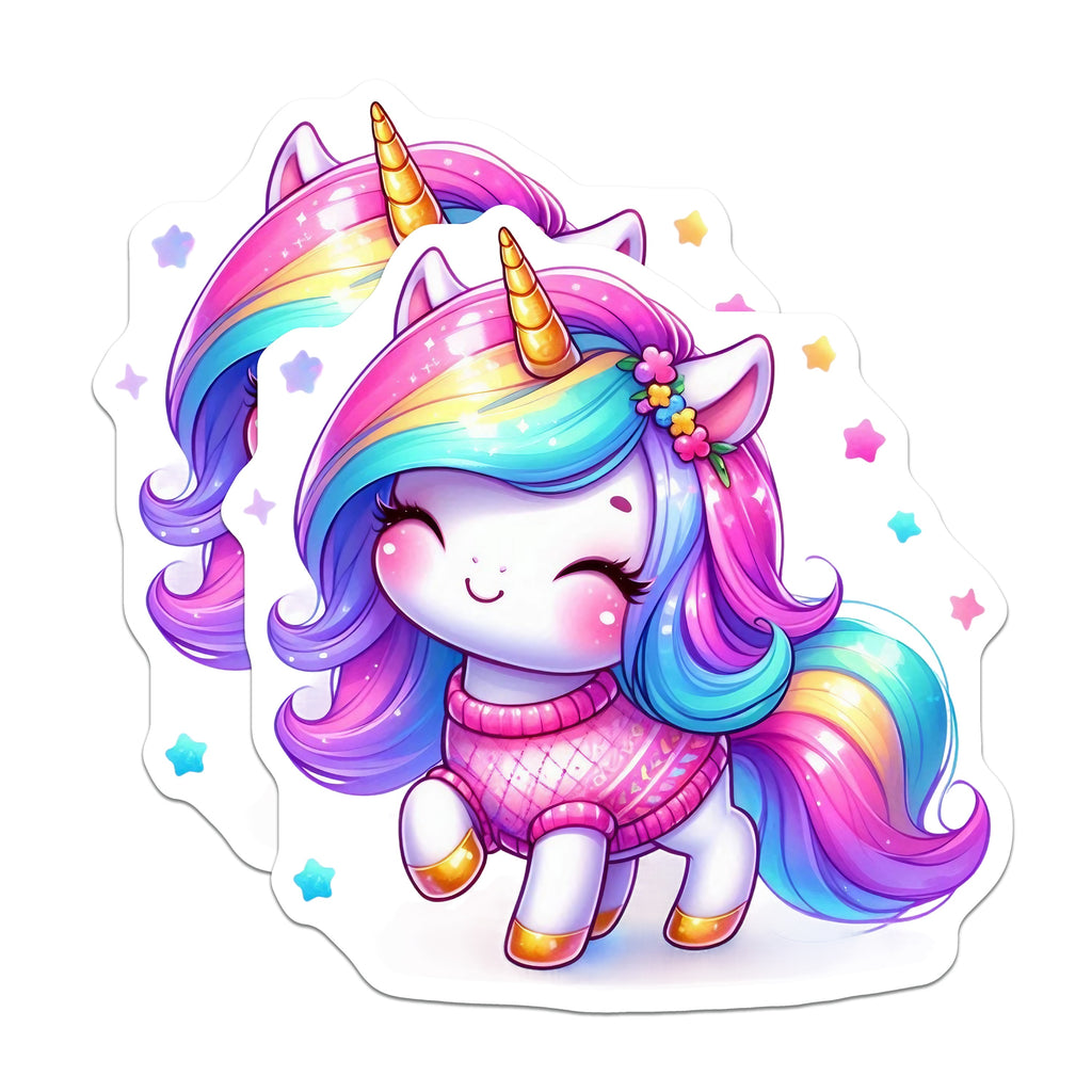 (2 Pack) Adorable Unicorn Magnets - Rainbow Mane Fantasy Animal - Cozy Sweater Decor - 5 Inches On Longest Side - Thick Durable Magnet - Made in USA - MAG36390