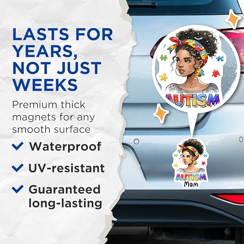 (2 Pack) Autism Mom Magnets - Autism Awareness - Puzzle Piece Art - Mom Strength - Inclusive Home Decor - 5" On Longest Side - for Cars, Fridges, Toolboxes - Made in USA - MAG8121