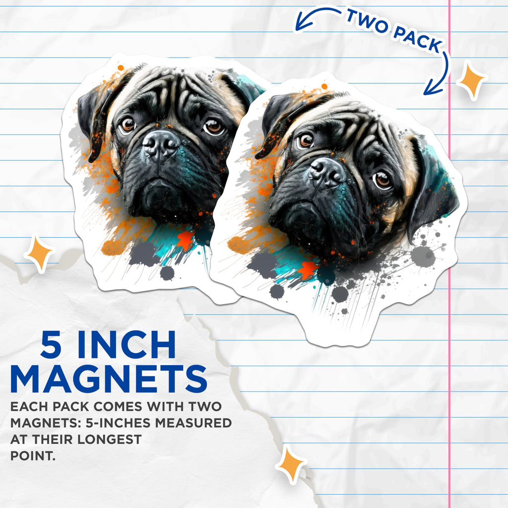 (2 Pack) Pug Art Magnets - Abstract Watercolor Dog Lover - Modern Pet Fridge Decor - 5 Inches On Longest Side - Thick Durable Magnet - Made in USA - MAG30096