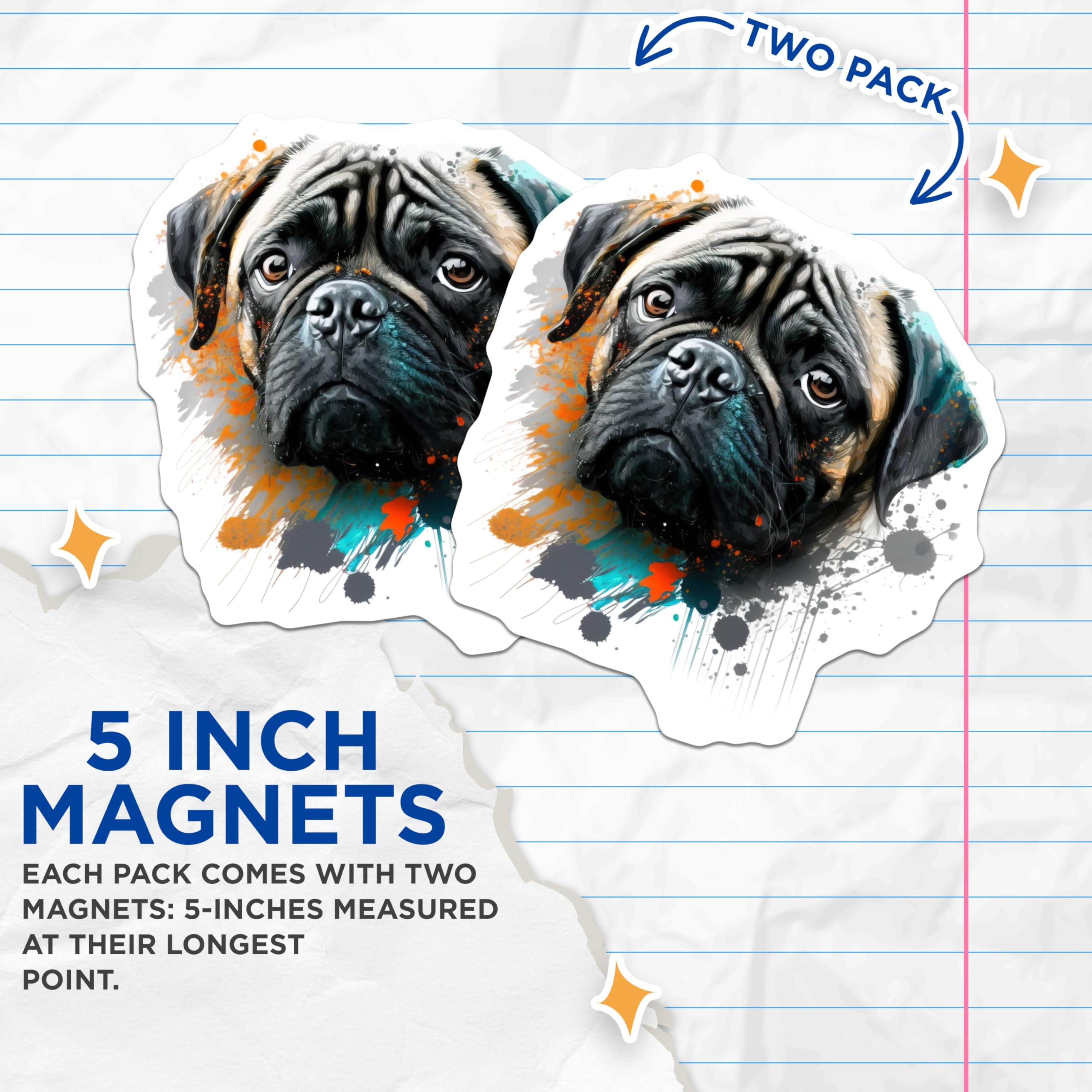 (2 Pack) Pug Art Magnets - Abstract Watercolor Dog Lover - Modern Pet Fridge Decor - 5 Inches On Longest Side - Thick Durable Magnet - Made in USA - MAG30096