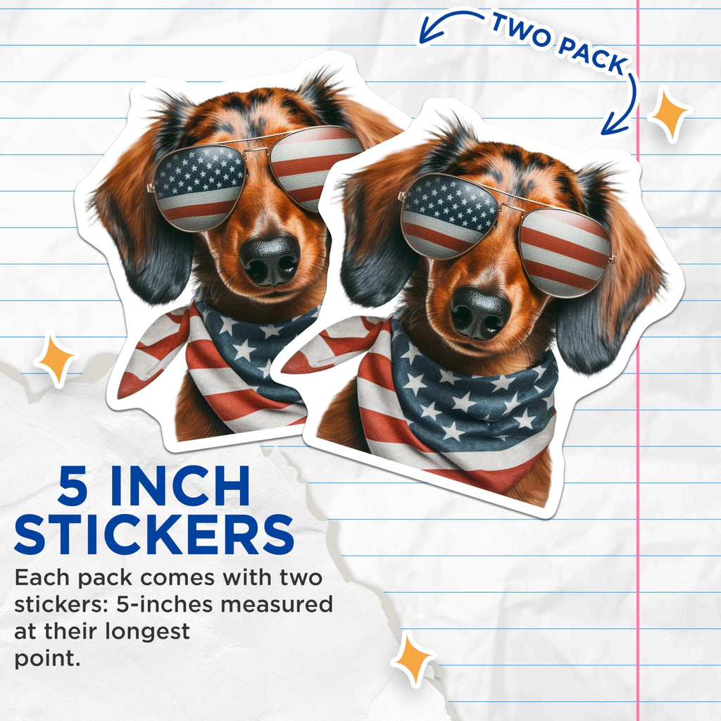 (2 Pack) Patriotic Dog Stickers - American Flag Dachshund - USA Pride Decals- 5" On Longest Side - Sticks to Smooth Flat Surfaces - Made in USA - BMCS16099