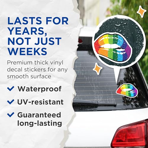 (2 Pack) Rainbow Lips Stickers - LGBTQ+ Pride Stickers - Colorful Lips Stickers for Pride Events - 5" On Longest Side - Sticks to Smooth Flat Surfaces - Made in USA - BMCS5148