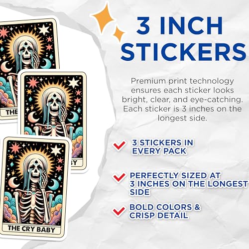 (3 Pack) Cry Baby Tarot Decals - Skeleton Tarot Card - Celestial Laptop Decals - 3 Inches On Longest Side - Easy Peel & Apply - Made in USA - 3MCS4143