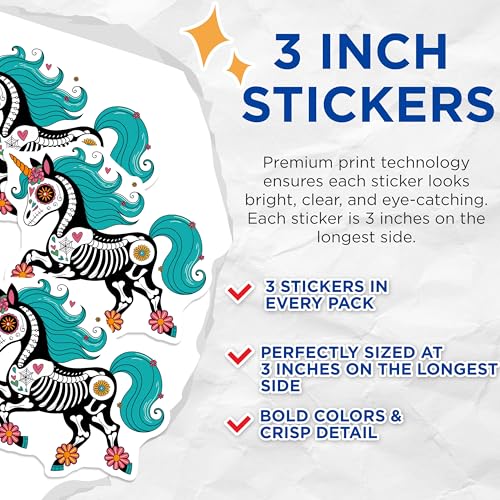 (3 Pack) Sugar Skull Unicorn Decals - Day of The Dead - Calavera Unicorn - 3 Inches On Longest Side - Easy Peel & Apply - Made in USA - 3MCS8221