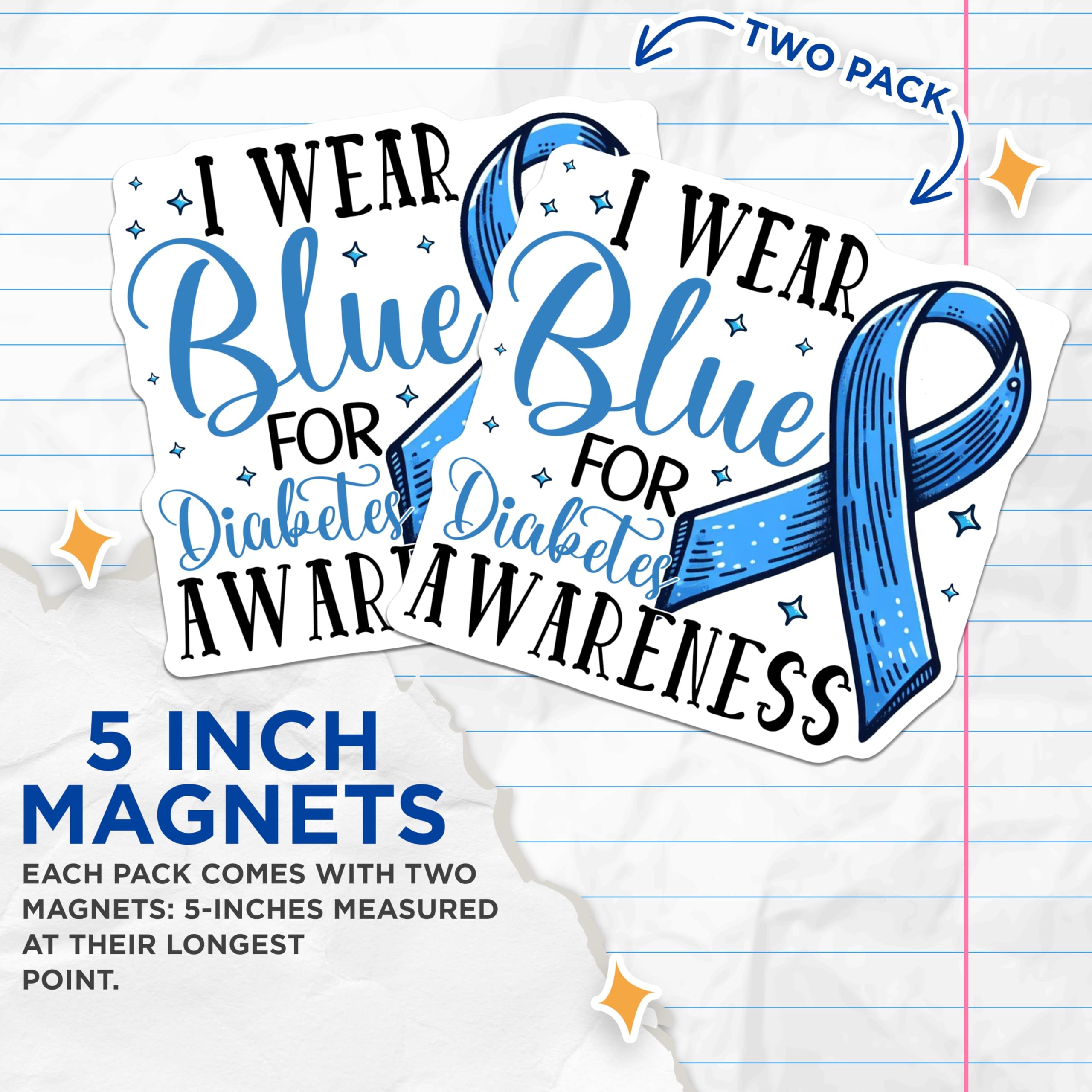 (2 Pack) Awareness Magnets - Diabetes Awareness - I Wear Blue Magnets - 5" On Longest Side - for Cars, Fridges, Toolboxes - Made in USA - MAG3818