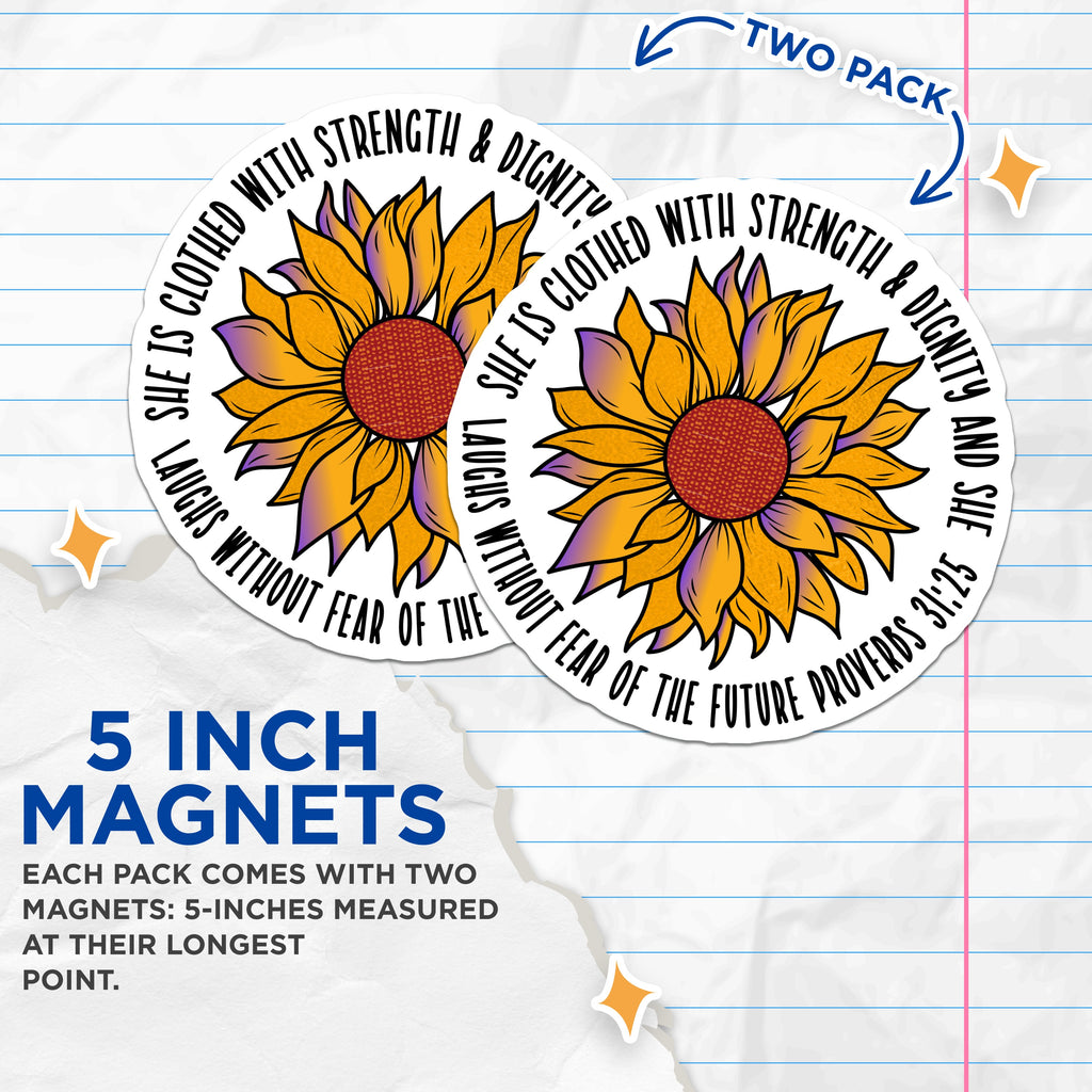 (2 Pack) Christian Scripture Magnets - Proverbs 31 Woman Sunflower - Inspirational Bible Verse Refrigerator Magnets - 5 Inches On Longest Side - Thick Durable Magnet - Made in USA - MAG36148