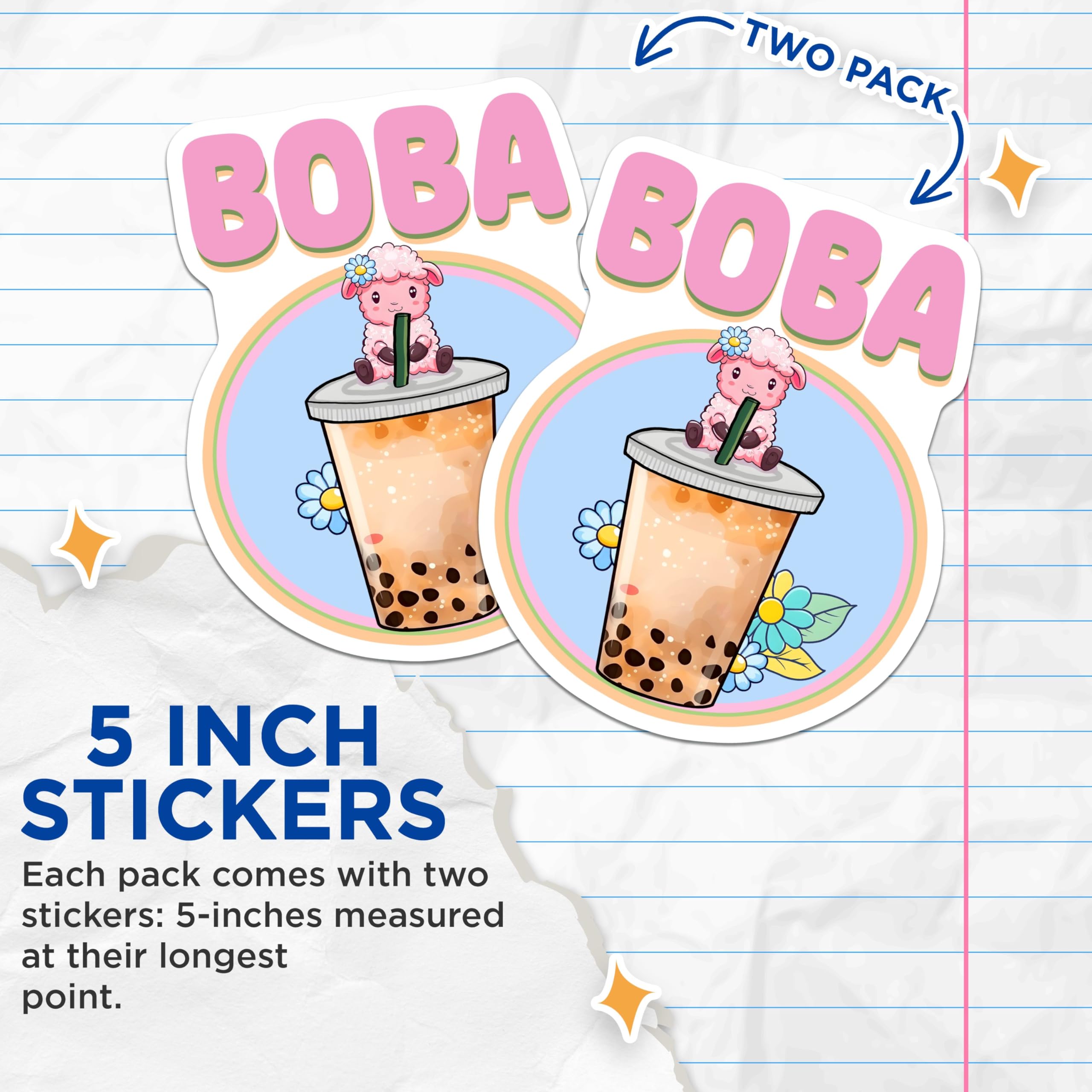 (2 Pack) Boba Tea Stickers - Cute Kawaii Sheep - Bubble Milk Tea - 5" On Longest Side - Sticks to Smooth Flat Surfaces - Made in USA - BMCS7745