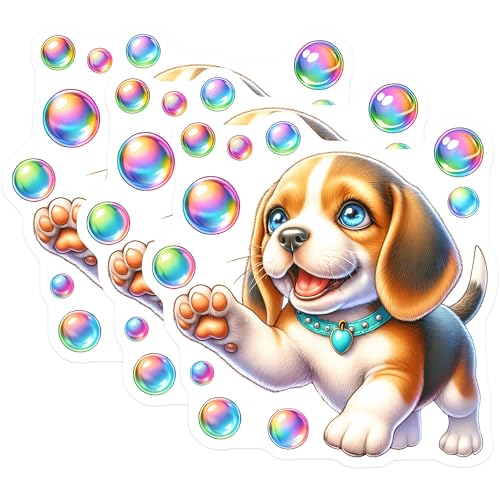 (3 Pack) Beagle Puppy Decals - Playful Dog Stickers - Colorful Bubbles - 3 Inches On Longest Side - Easy Peel & Apply - Made in USA - 3MCS8380