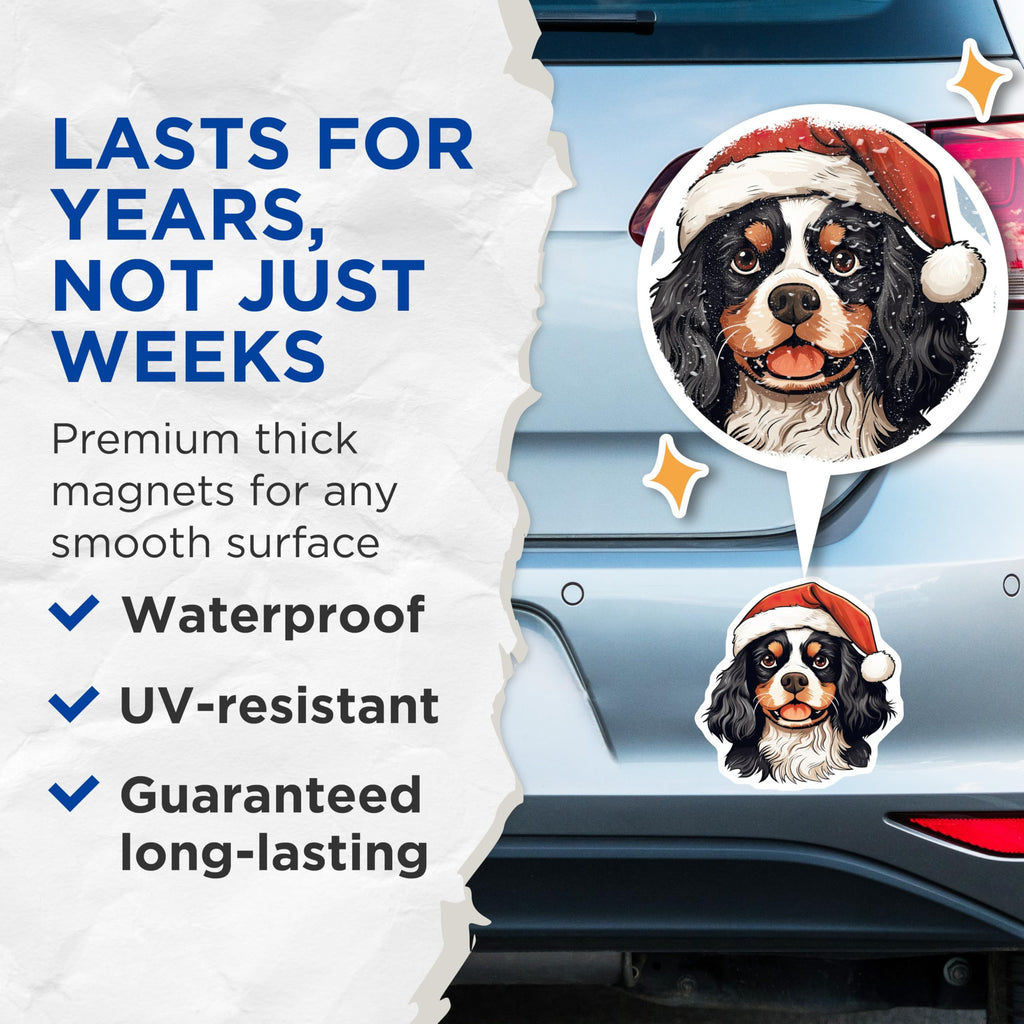 (2 Pack) Cavalier Christmas Magnets - Santa Hat Dog - Holiday Pet Decor - 5 Inches On Longest Side - Thick Durable Magnet - Made in USA - MAG28399