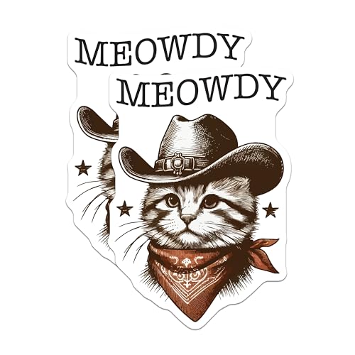 (2 Pack) Meowdy Cat with Cowboy Hat Stickers - Western Themed Cat - Cute Cat with Bandana - 5" On Longest Side - Sticks to Smooth Flat Surfaces - Made in USA - BMCS6000