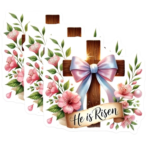 (3 Pack) He is Risen Decals - Floral Easter Cross - Religious Easter Stickers - 3 Inches On Longest Side - Easy Peel & Apply - Made in USA - 3MCS7518