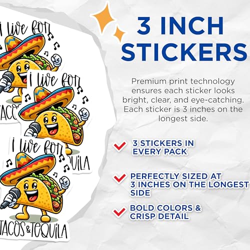 (3 Pack) Funny Taco Decals - Tequila Lover - Fiesta Party Decorations - 3 Inches On Longest Side - Easy Peel & Apply - Made in USA - 3MCS7556