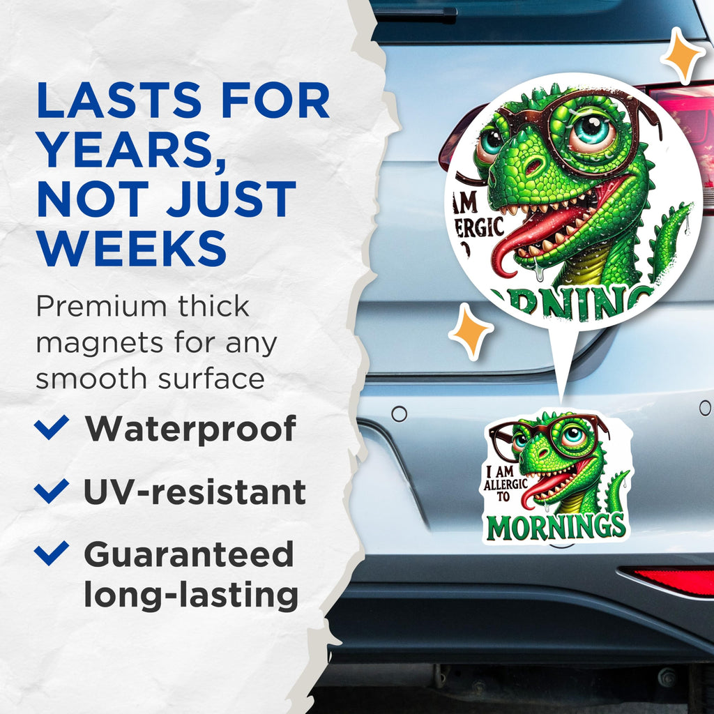 (2 Pack) Funny Dinosaur Magnets - Allergic to Mornings - Novelty Fridge Decorations - 5" On Longest Side - Premium Magnet - for Cars, Refrigerators, Toolboxes, Lockers - Made in USA - MAG15224