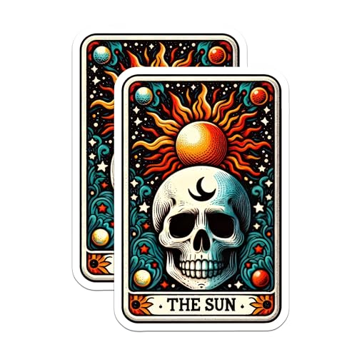 (2 Pack) The Sun Tarot Skull Stickers - Occult Skull Tarot Stickers - Esoteric Sun Tarot Card Stickers - 5" On Longest Side - Sticks to Smooth Flat Surfaces - Made in USA - BMCS5506