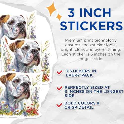 (3 Pack) Bulldog Flower Decals - Dog Breed Stickers - Laptop Decals- 3 Inches On Longest Side - Easy Peel & Apply - Made in USA - 3MCS5344