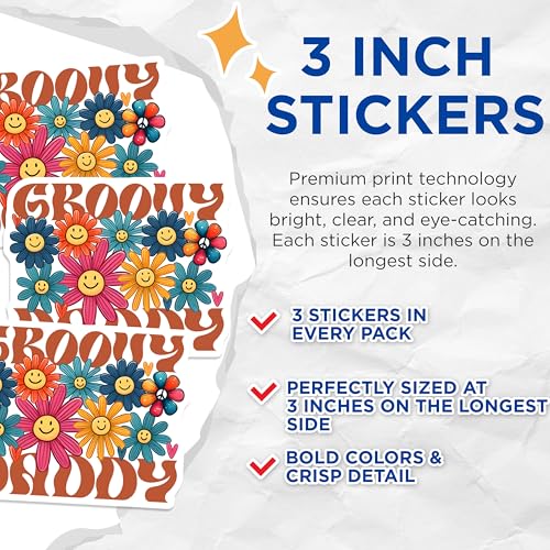 (3 Pack) Groovy Daddy Decals - Retro Flower Power - 70s Dad Laptop - 3 Inches On Longest Side - Easy Peel & Apply - Made in USA - 3MCS6242