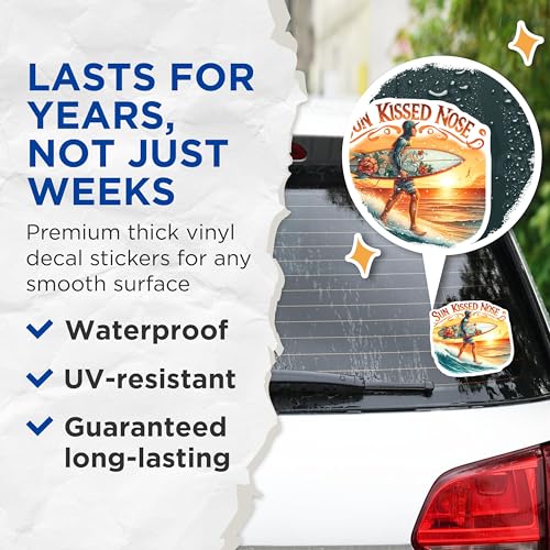 (2 Pack) Sun Kissed Nose Stickers - Surfer Art - Beach Vibes - 5" On Longest Side - Sticks to Smooth Flat Surfaces - Made in USA - BMCS9308 - Surfboard Design
