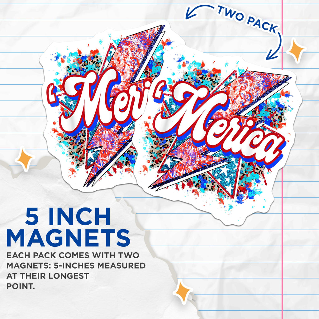 (2 Pack) Merica Patriotic Magnets - Lightning Bolt Design - American Pride 4th of July Decor - 5 Inches On Longest Side - Thick Durable Magnet - Made in USA - MAG28639