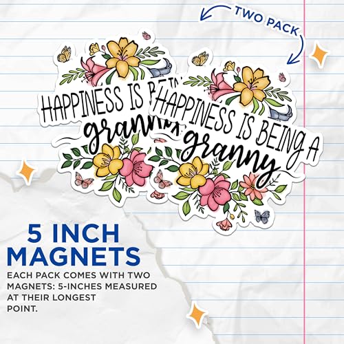 (2 Pack) Happiness is Being A Granny Magnets - Floral Granny Quote Magnets - Heartwarming Granny Magnets- 5" On Longest Side - for Fridges, Toolboxes, Cars - Made in USA - MAG2950